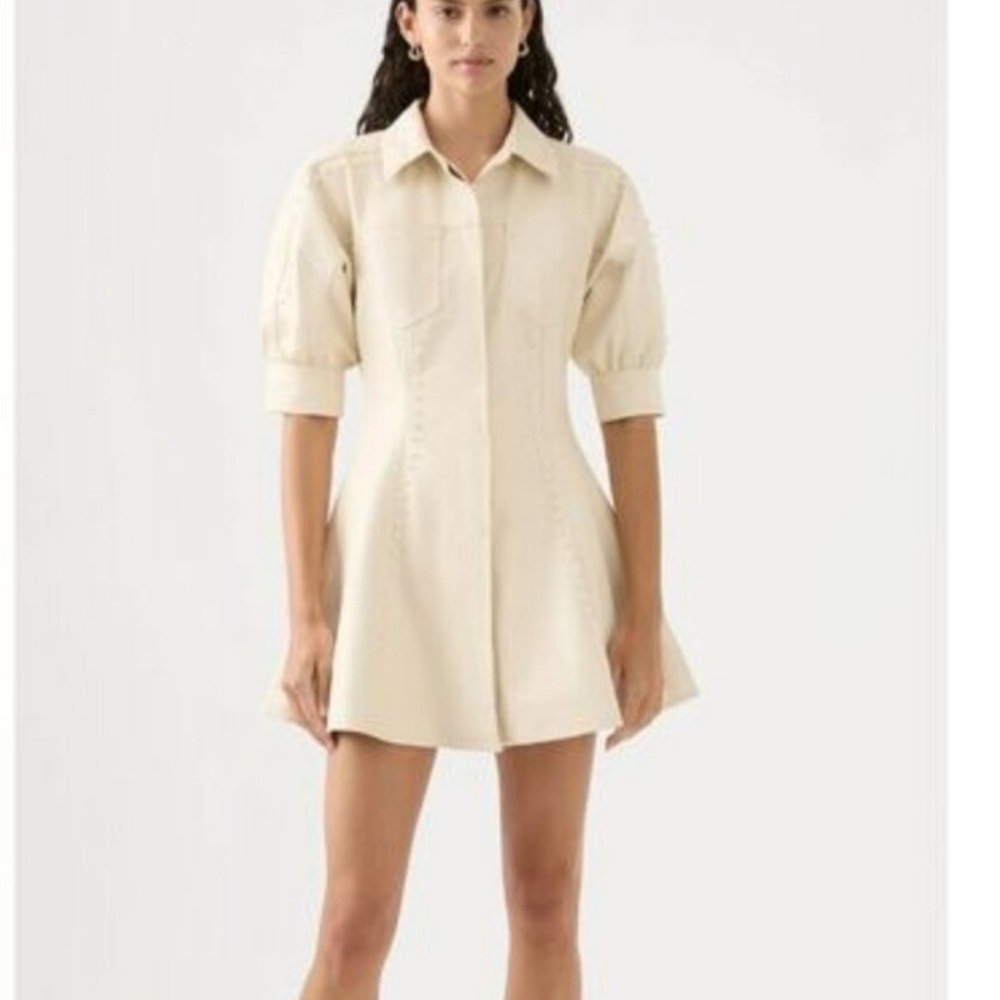 Aje Claire Pearl Cream Mini Leather Dress with Puff Sleeves - worn once!